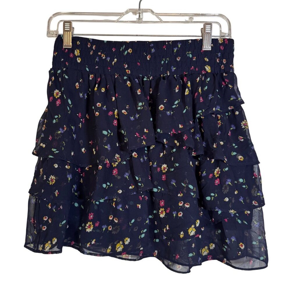 American Eagle Medium Navy Floral Tiered Ruffles Mini Skirt Coastal Cottagecore
